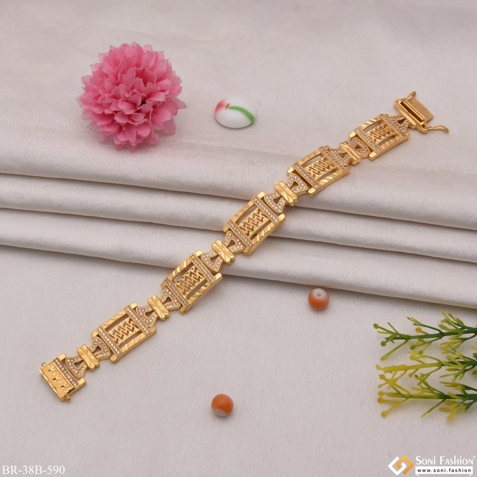 1 Gram Gold - Damroo With Diamond Delicate Design Gold Plated Bracelet - Style B590