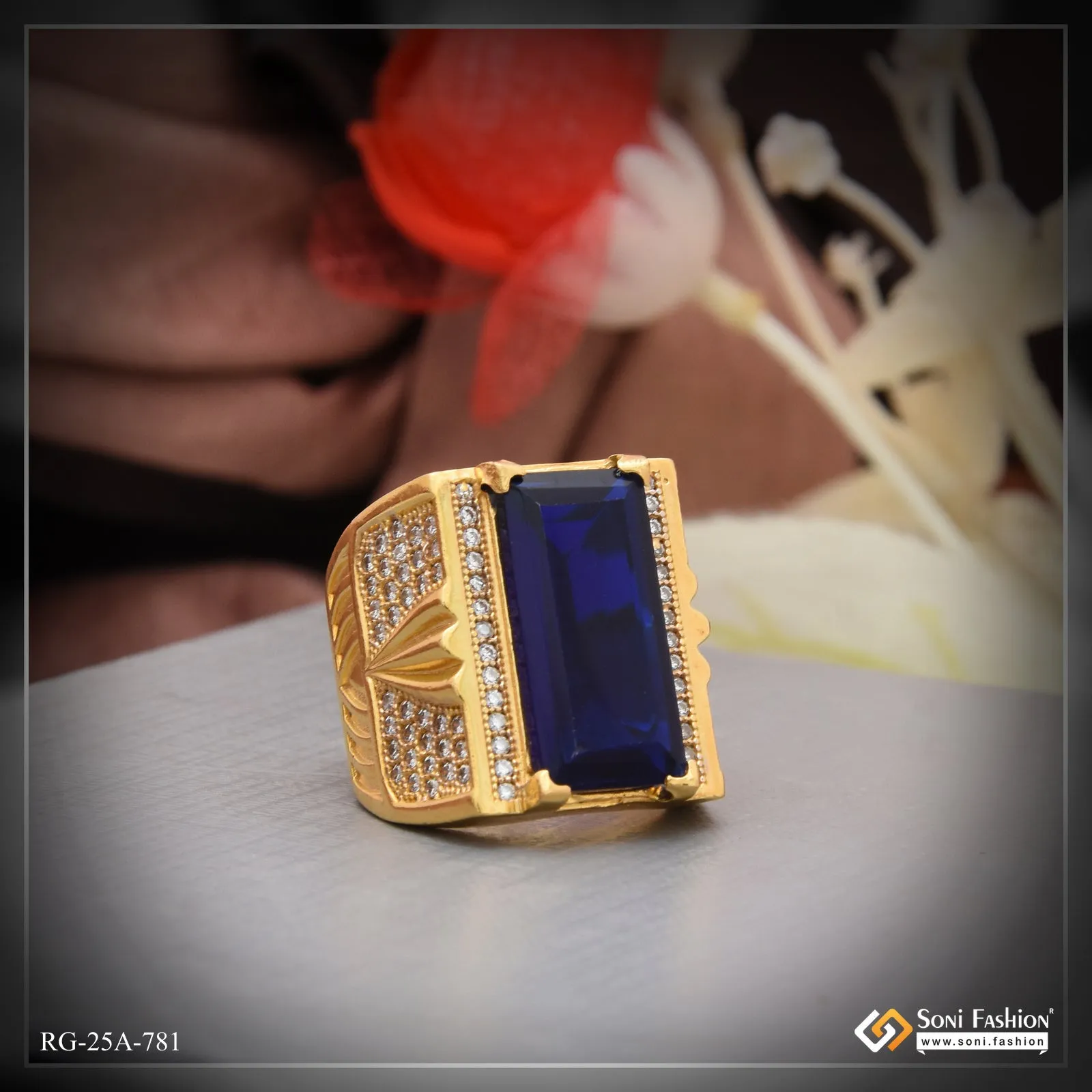 1 Gram Gold Forming Blue Stone With Diamond Funky Design Ring For Men - Style A781