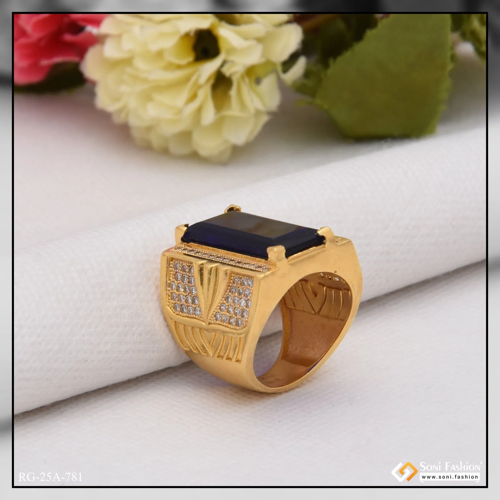 1 Gram Gold Forming Blue Stone With Diamond Funky Design Ring For Men - Style A781