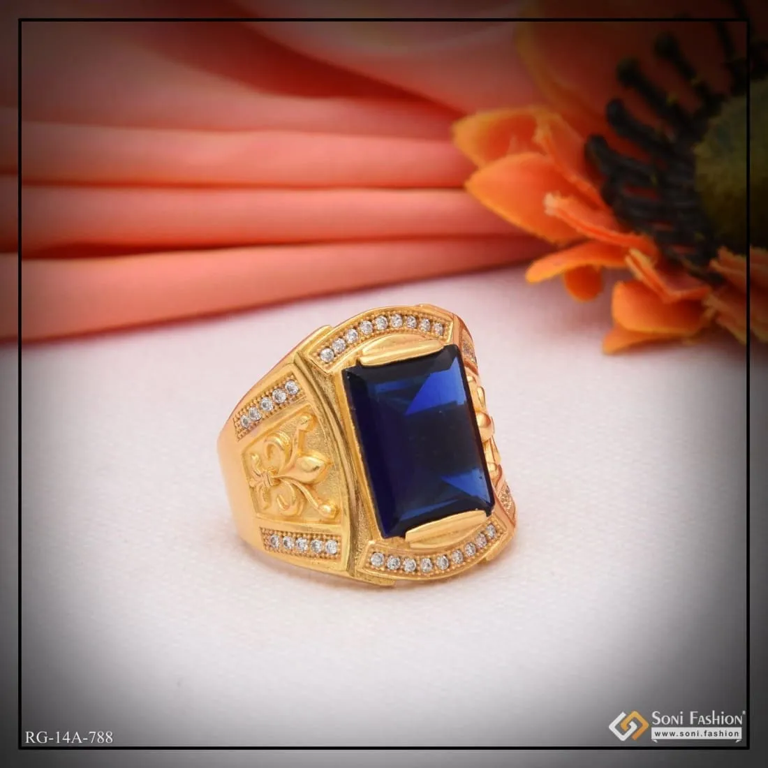 1 Gram Gold Forming Blue Stone With Diamond Funky Design Ring For Men - Style A788