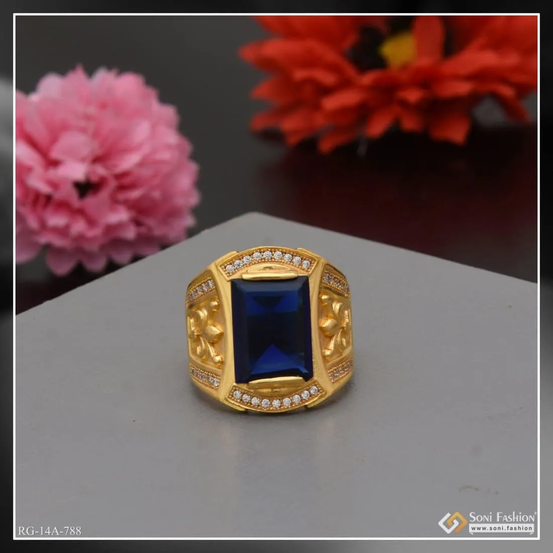 1 Gram Gold Forming Blue Stone With Diamond Funky Design Ring For Men - Style A788