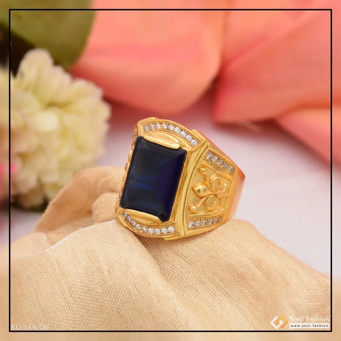 1 Gram Gold Forming Blue Stone With Diamond Funky Design Ring For Men - Style A788