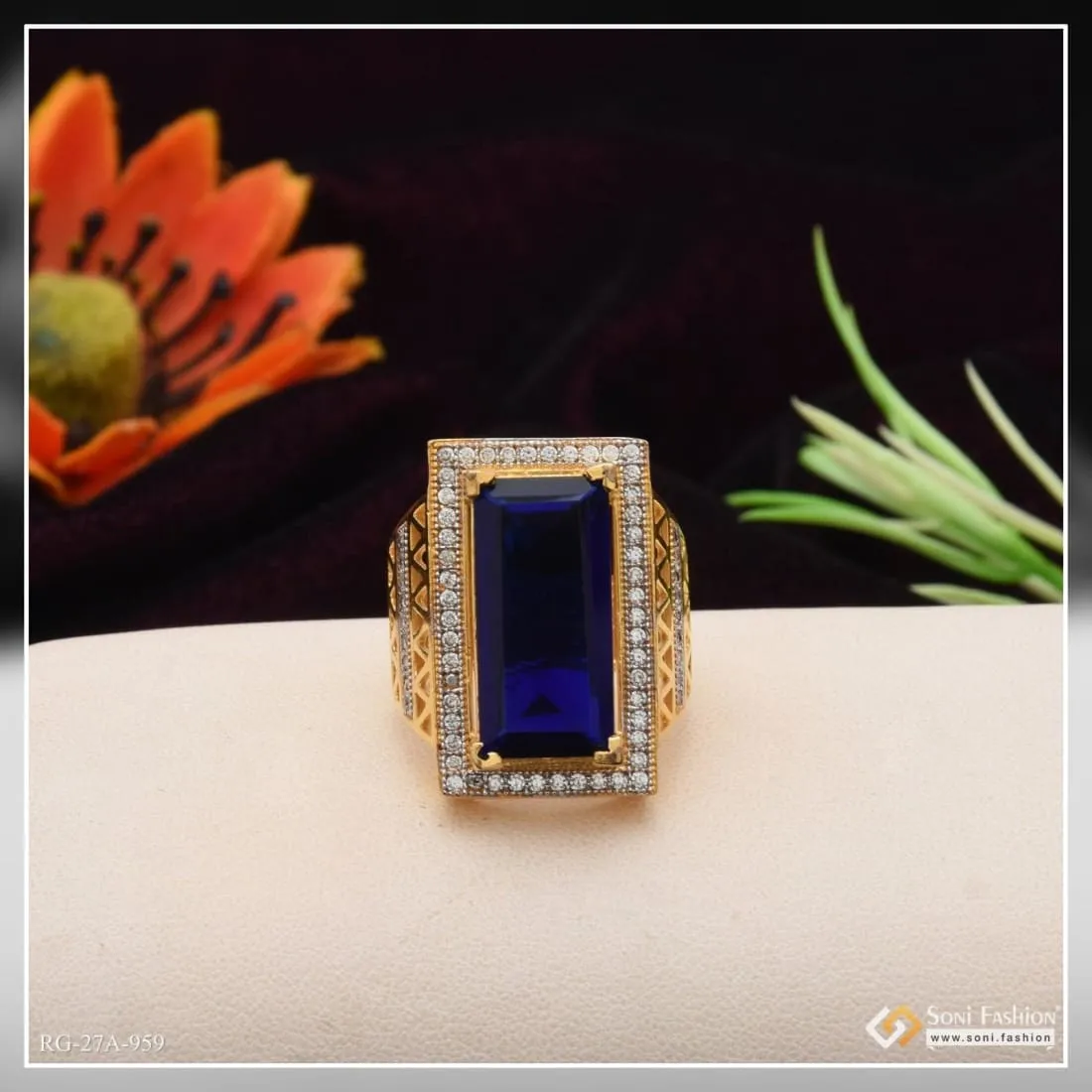 1 Gram Gold Forming Blue Stone with Diamond Glittering Design Ring - Style A959