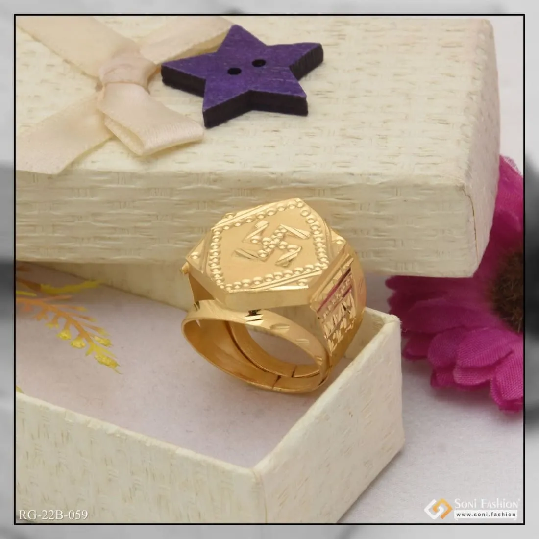 1 Gram Gold Forming Swastik Etched Design High-Quality Ring for Men - Style B059