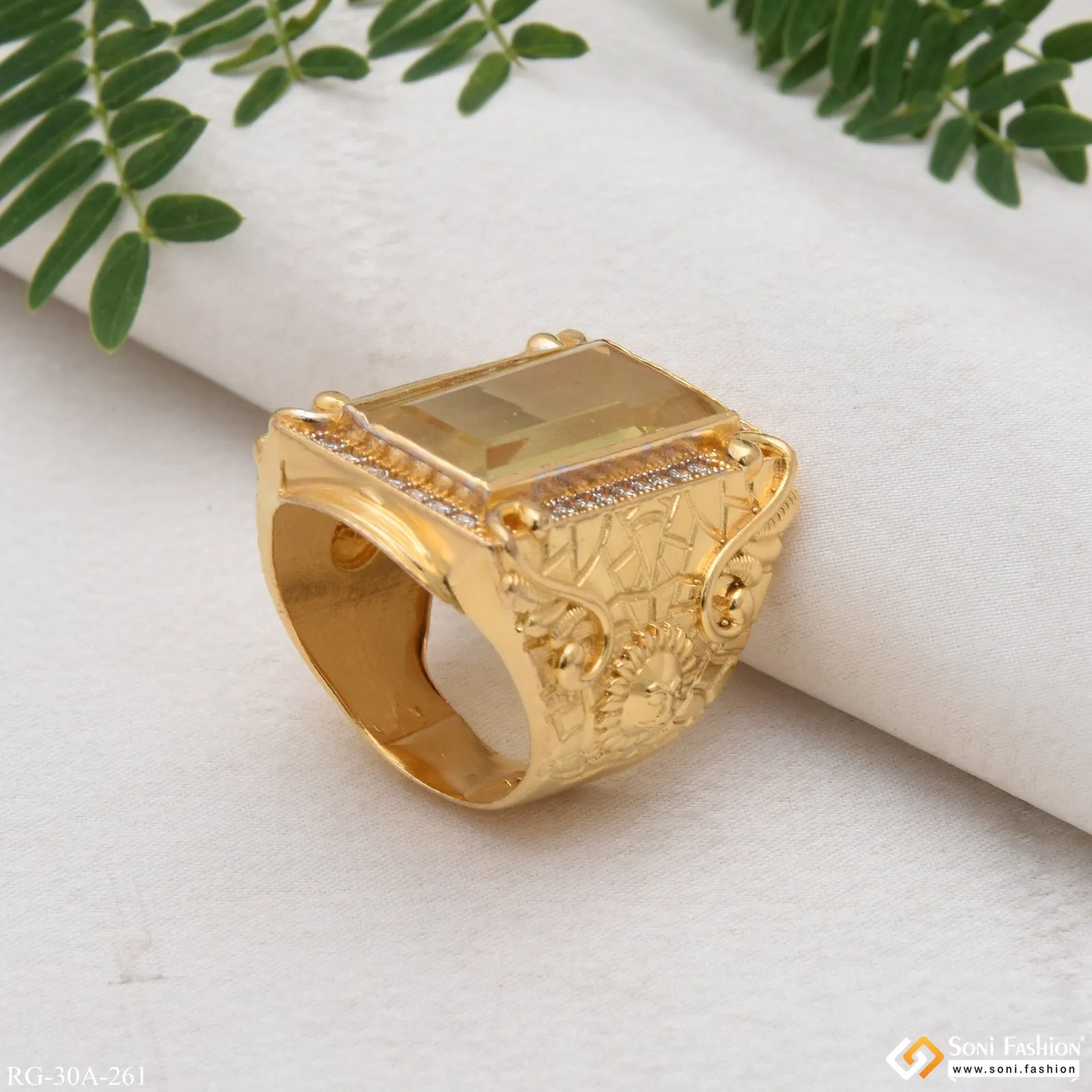 1 Gram Gold Forming Yellow Stone with Diamond Delicate Design Ring - Style A261