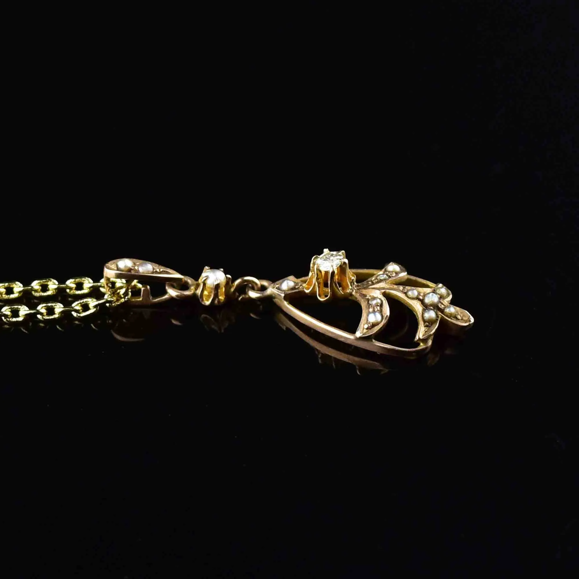 10K Gold Antique Diamond Pearl Lavaliere Necklace