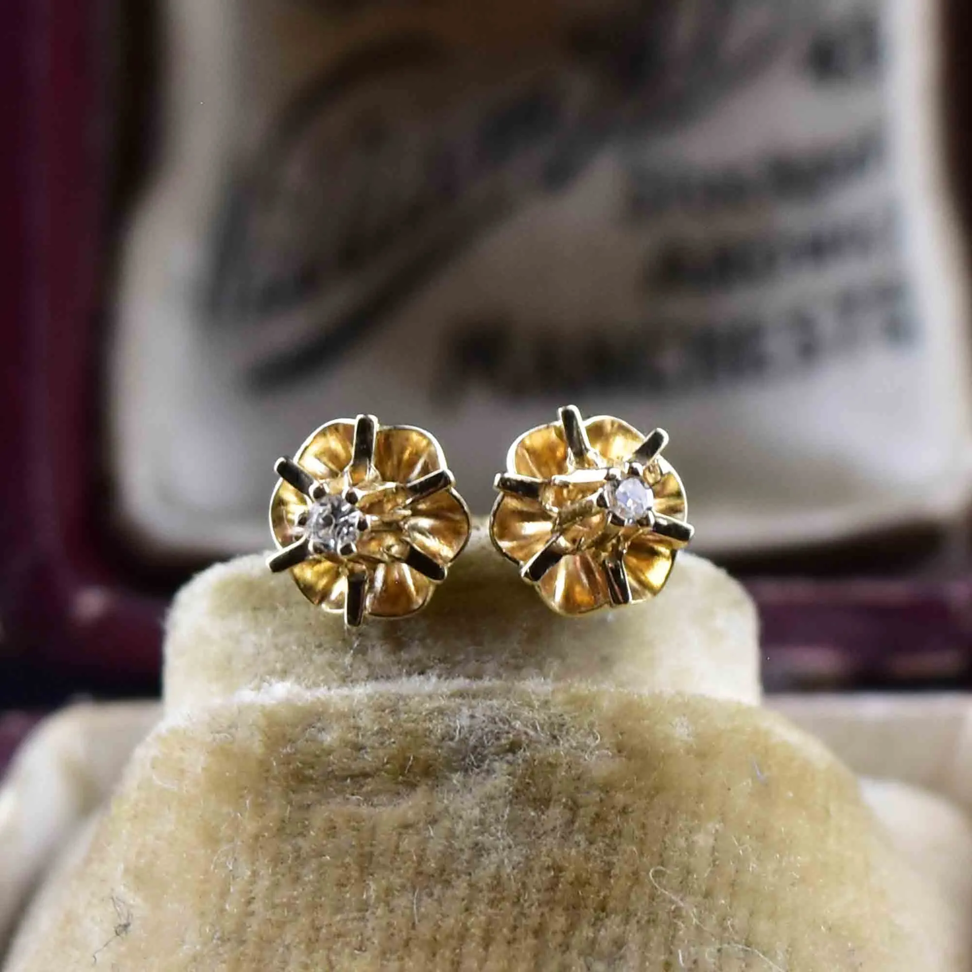 14K Gold Diamond Buttercup Stud Earrings