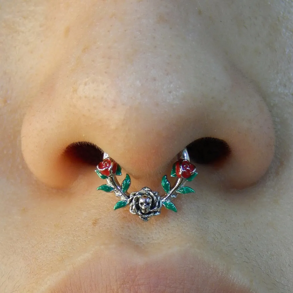 16G Skull Head Rose Design Green Leaves Segment Septum Ring