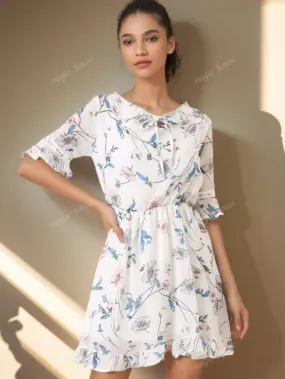 2024 Summer Chic Ditsy Floral Chiffon A-Line Dress With Flared Sleeves