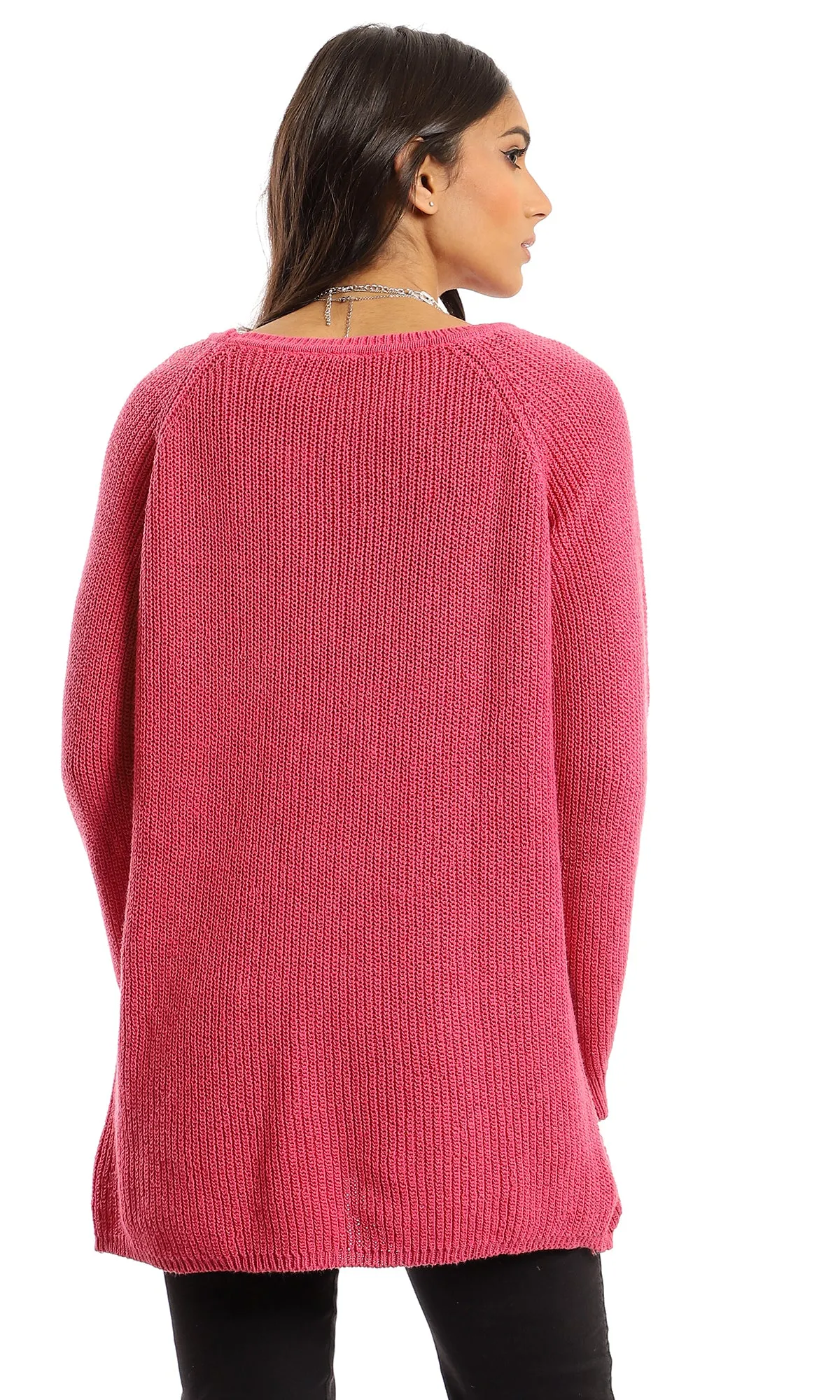 50137 Lace Full Sleeves Round Neck Knitted Pullover - Fuchsia