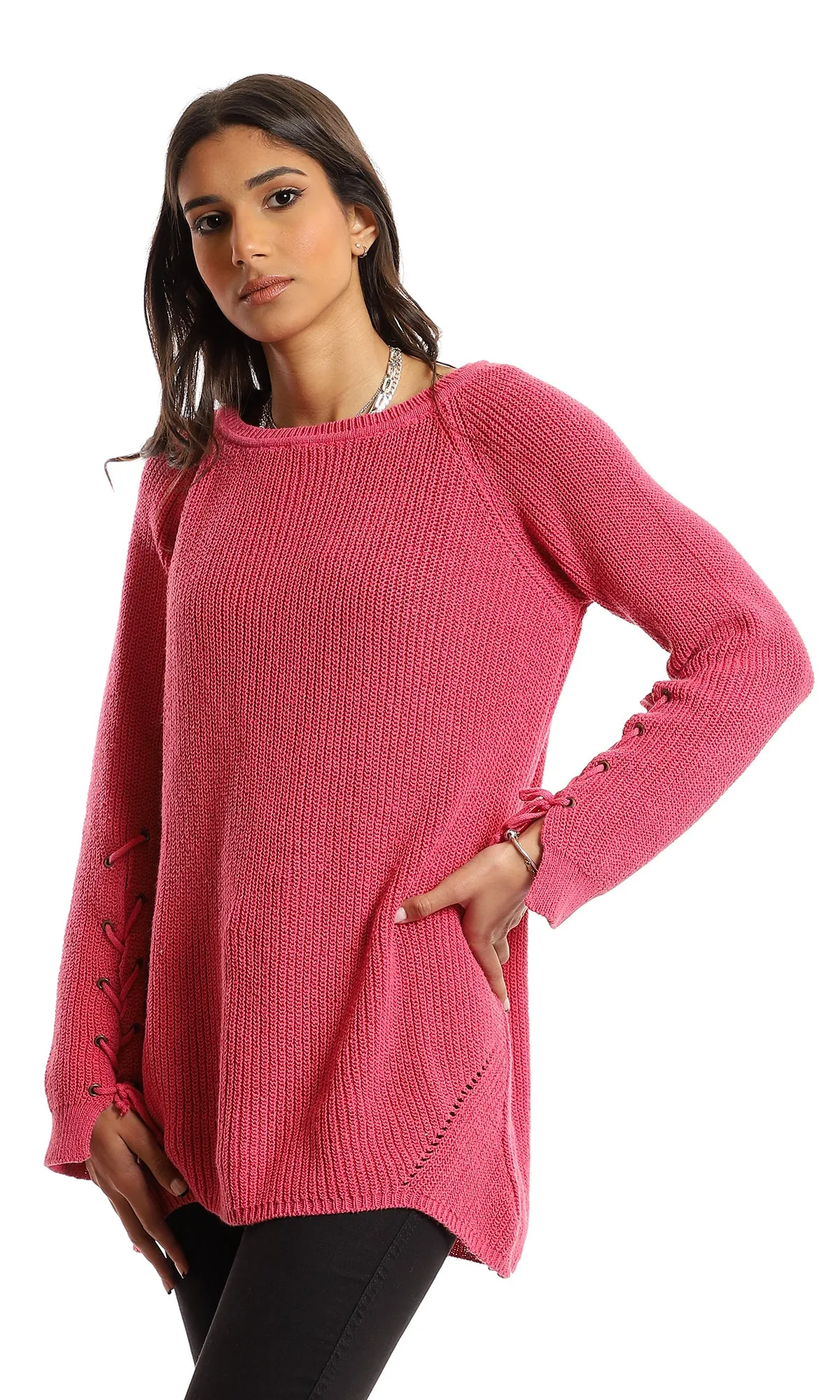 50137 Lace Full Sleeves Round Neck Knitted Pullover - Fuchsia