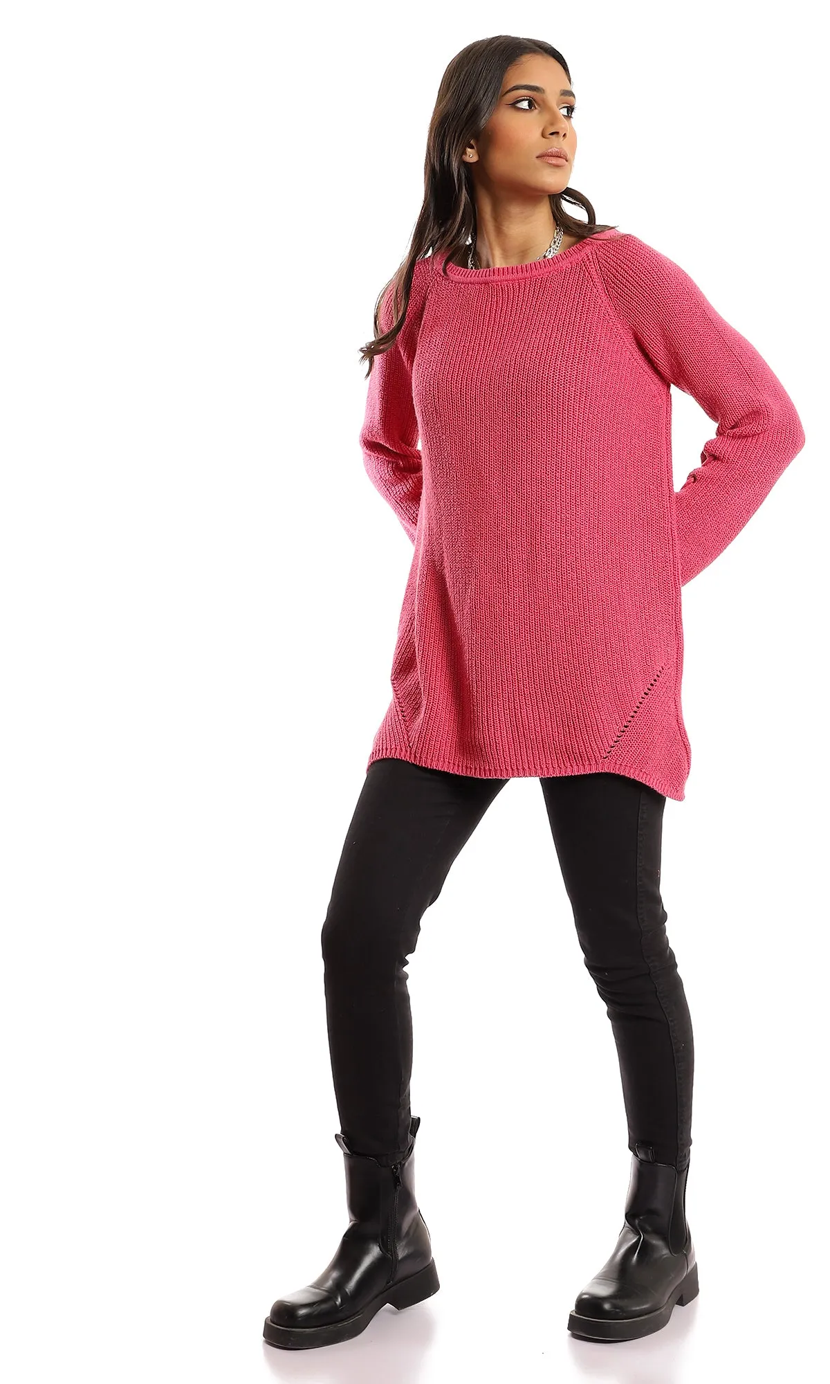 50137 Lace Full Sleeves Round Neck Knitted Pullover - Fuchsia