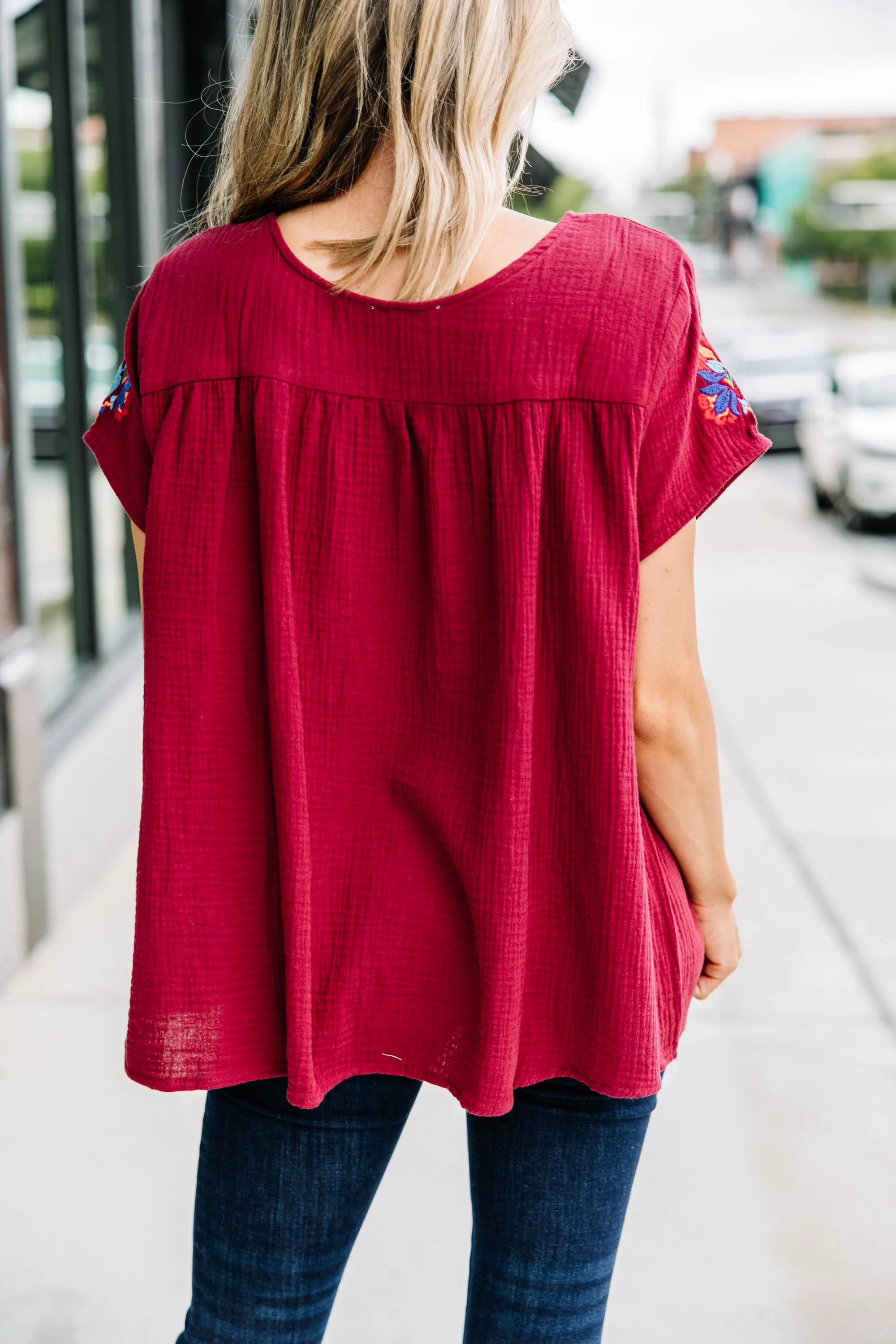 Another Trip Taken Burgundy Red Embroidered Top