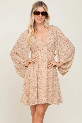 Beige Ditsy Floral Chiffon Smocked Dress