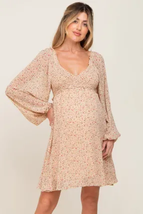 Beige Ditsy Floral Chiffon Smocked Maternity Dress