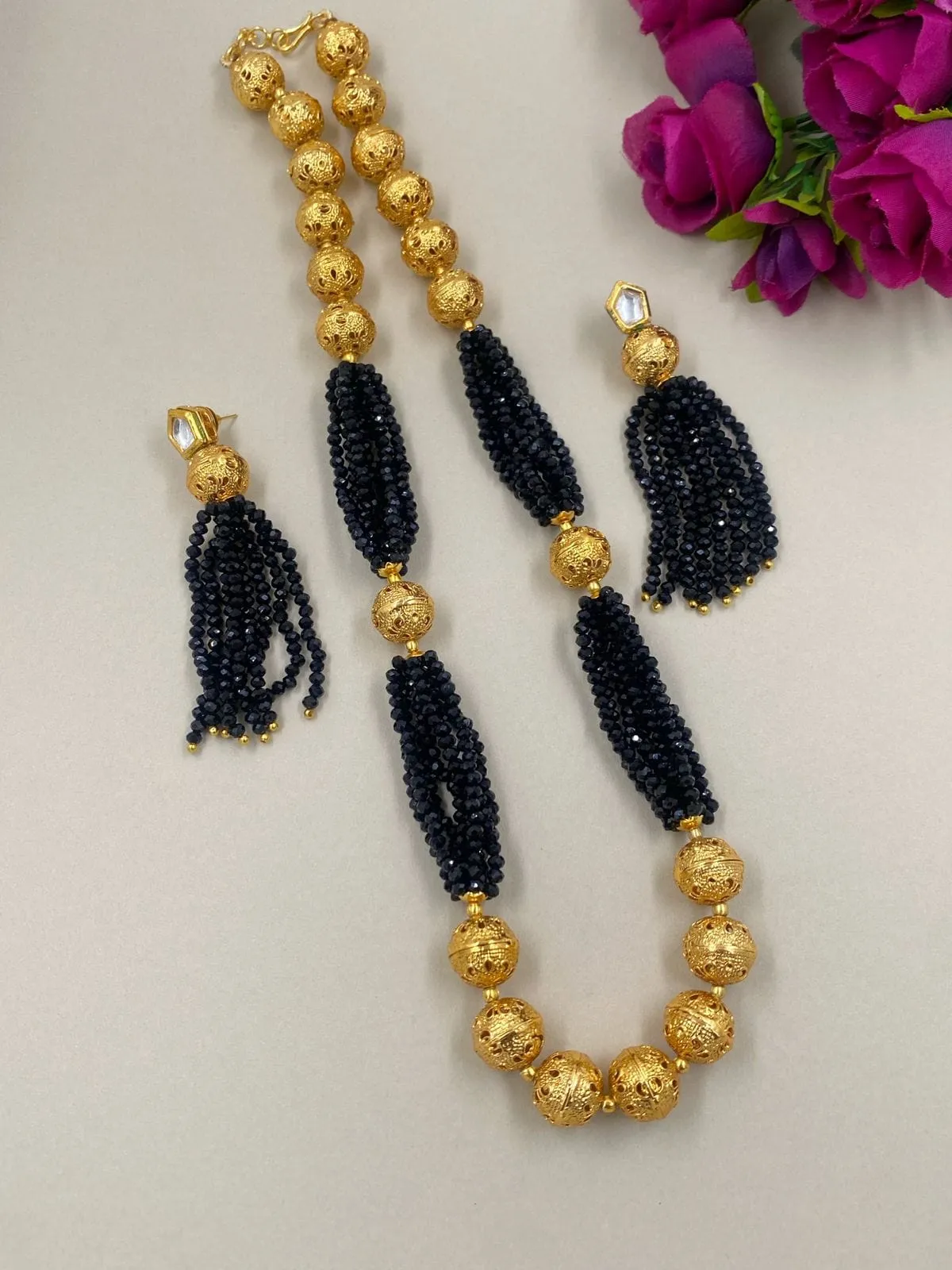 Designer Handcrafted Black Crystal And Golden Beads Necklace For Woman By Gehna Shop