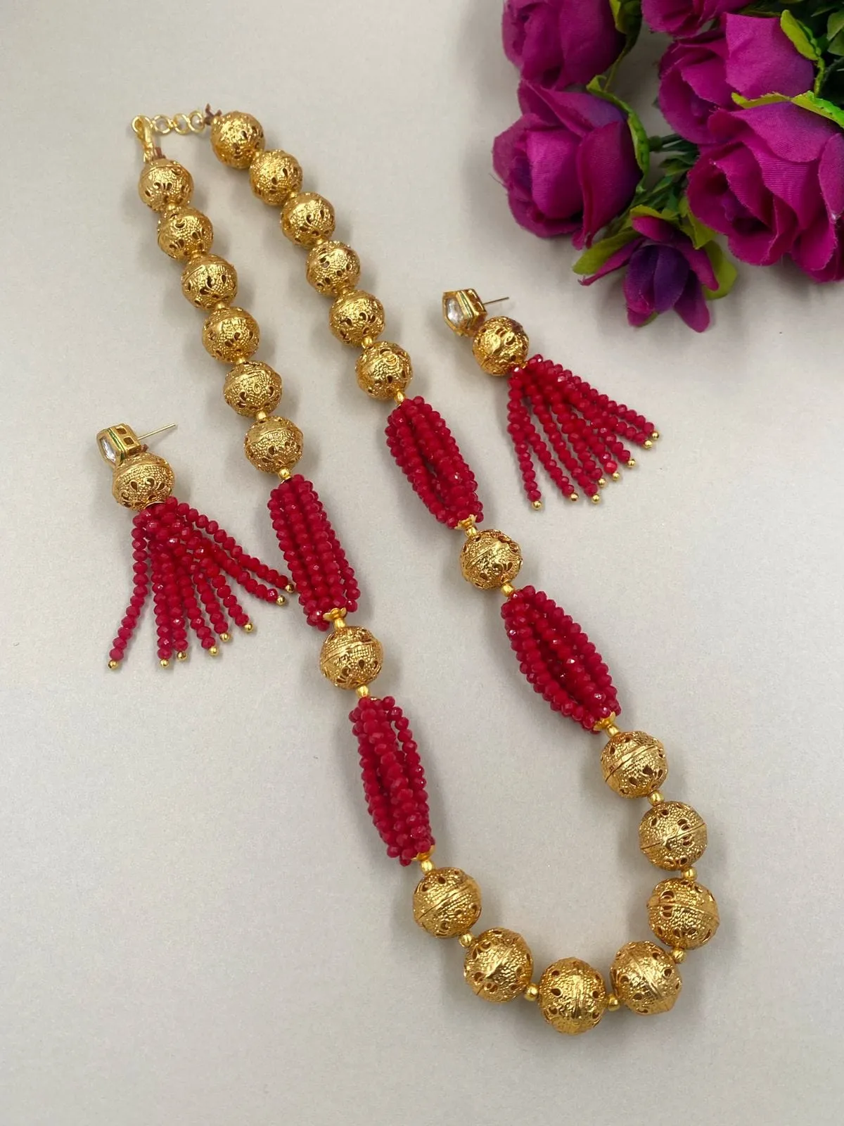 Designer Handcrafted Red Crystal And Golden Beads Necklace For Woman By Gehna Shop