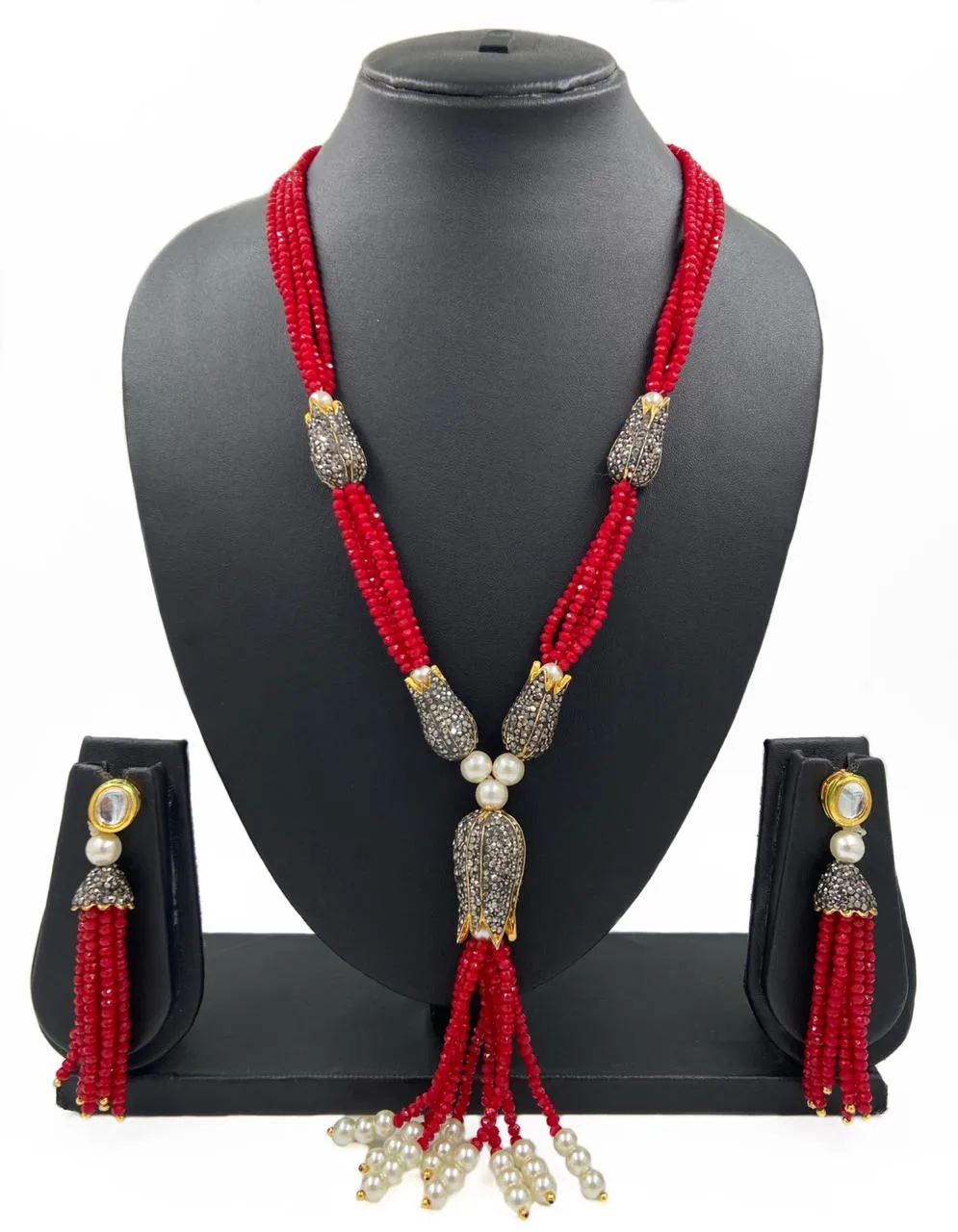 Designer Handmade Red Multilayered Crystal Beads Necklace Set