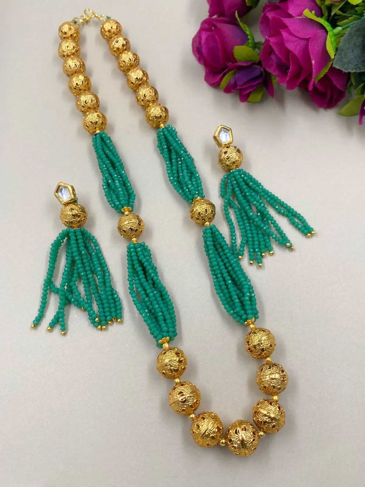 Designer Sea Green Crystal And Golden Beads Necklace For Woman By Gehna Shop