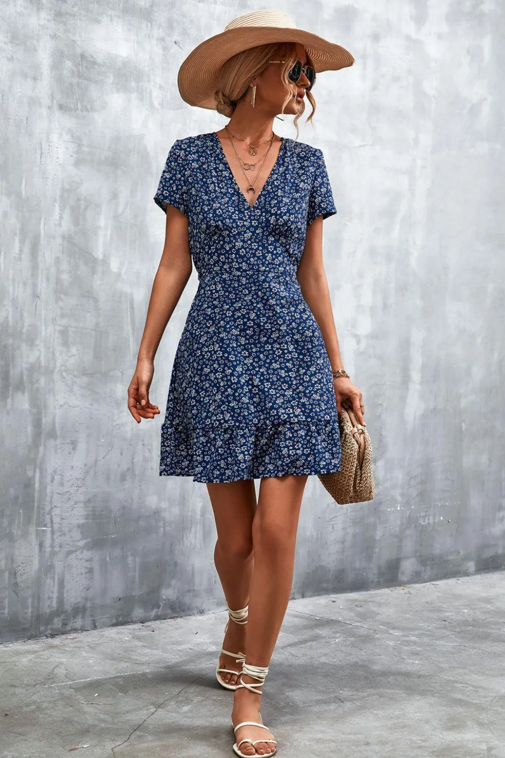 Ditsy Floral V-Neck Short Sleeve Dress