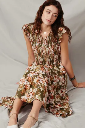 Floral Smocked V Neck Ruffled Tank Dress