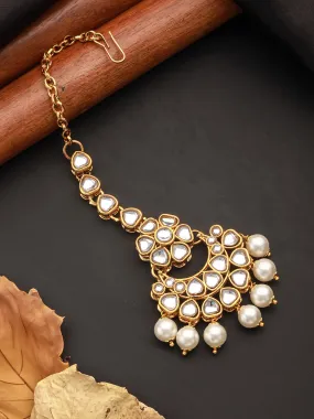 Gold-Plated & Off-White Artificial Stone-Studded Beaded Maang Tikka