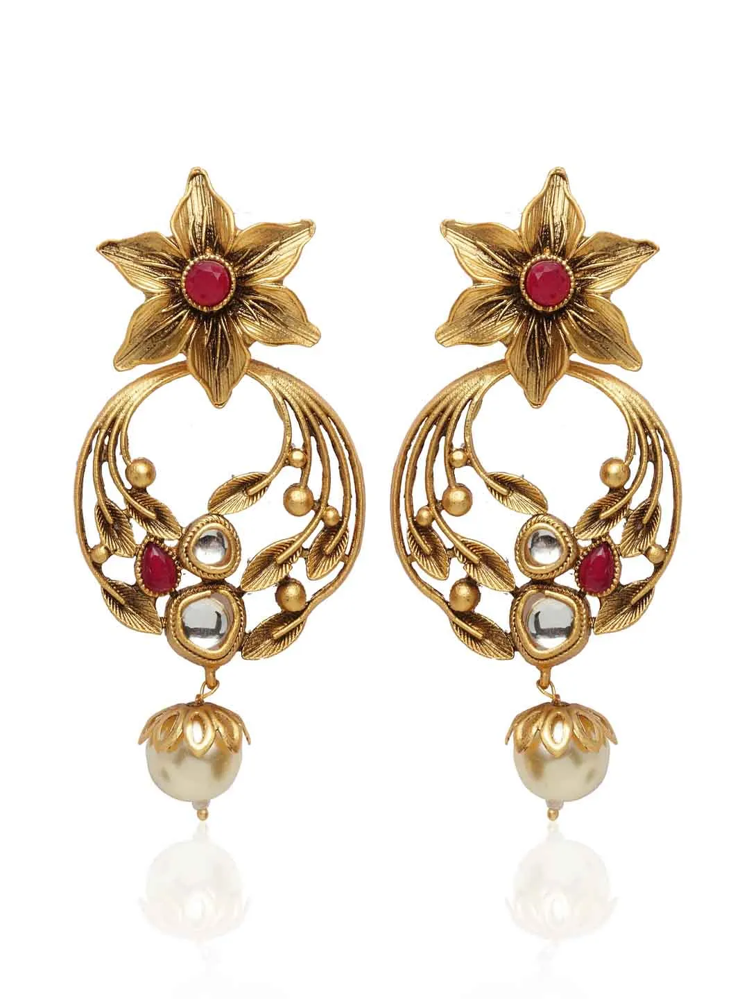 Gold-Plated & Red Pearl Studded Floral Antique Drop Earrings