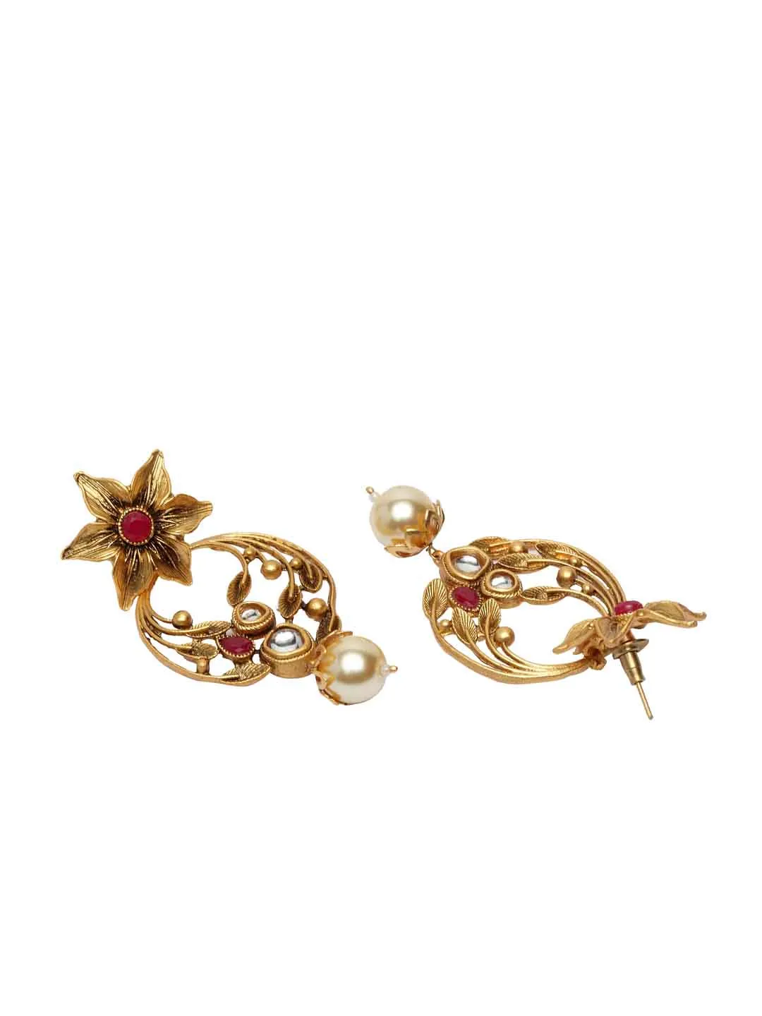 Gold-Plated & Red Pearl Studded Floral Antique Drop Earrings