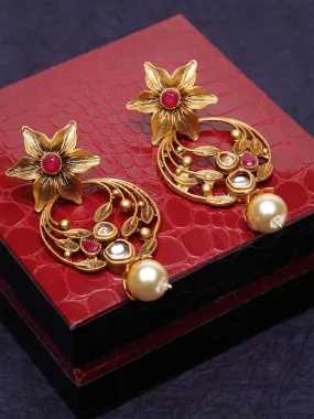 Gold-Plated & Red Pearl Studded Floral Antique Drop Earrings