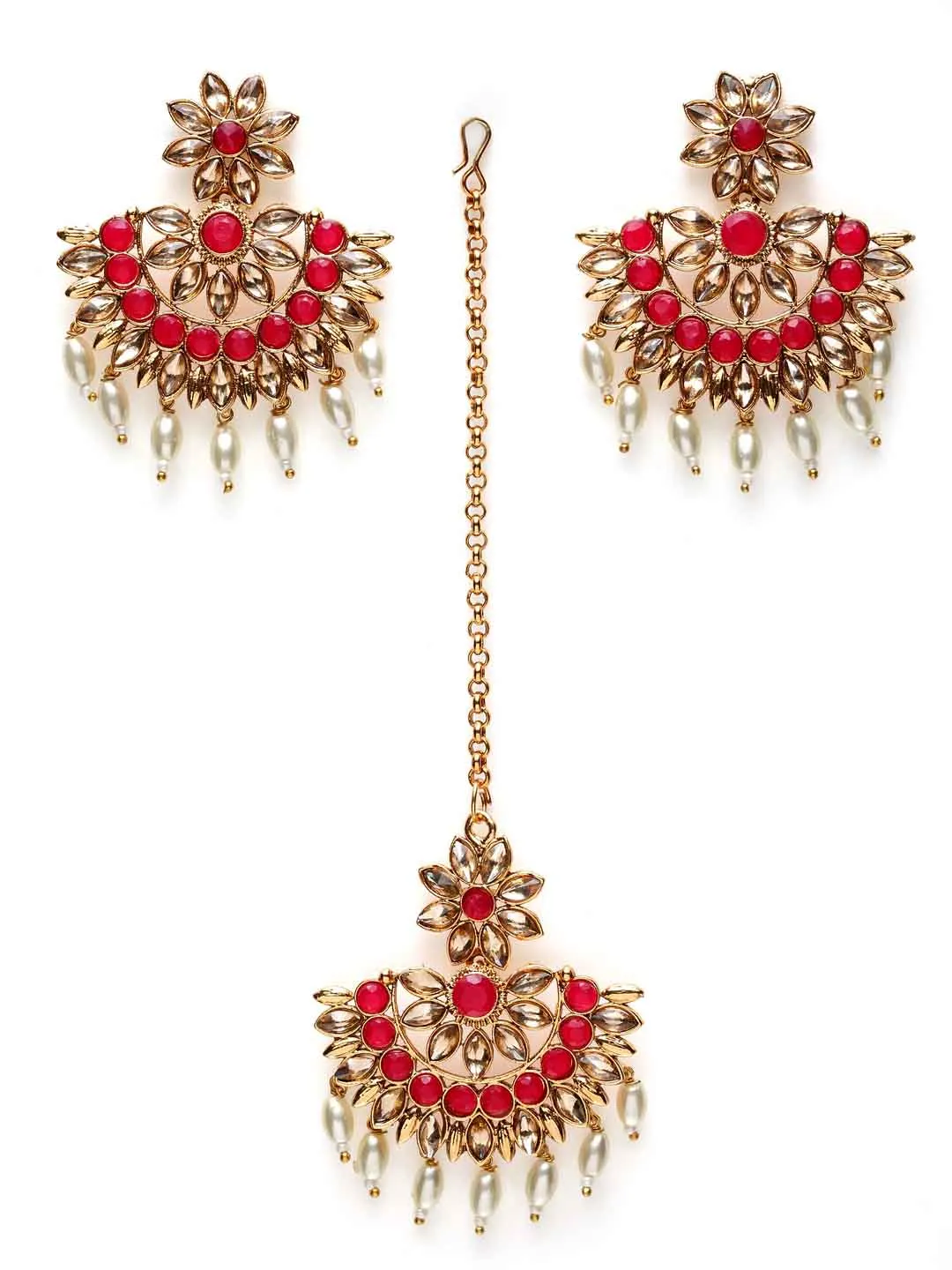 Gold-Plated & Red Stone-Studded & Beaded Handcrafted Sustainable Jewellery Set