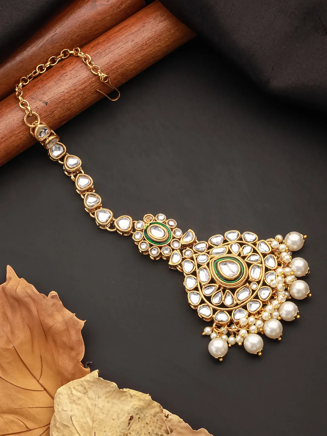 Gold-Plated & White Kundan-Studded Beaded Green Meenakari Handcrafted Maang Tikka