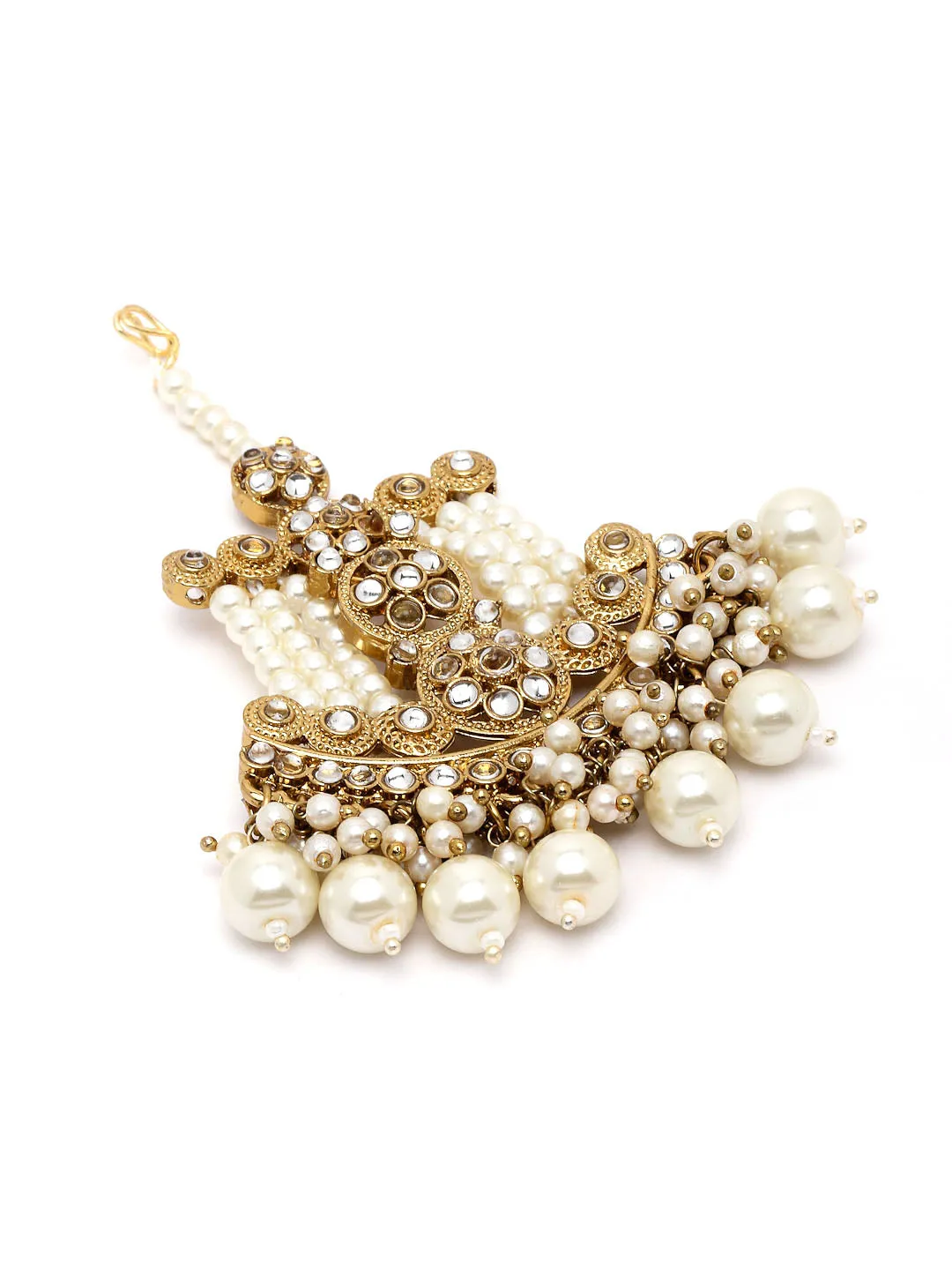 Gold-Plated & White Stone-Studded Pearls Beaded Jhumar Passa