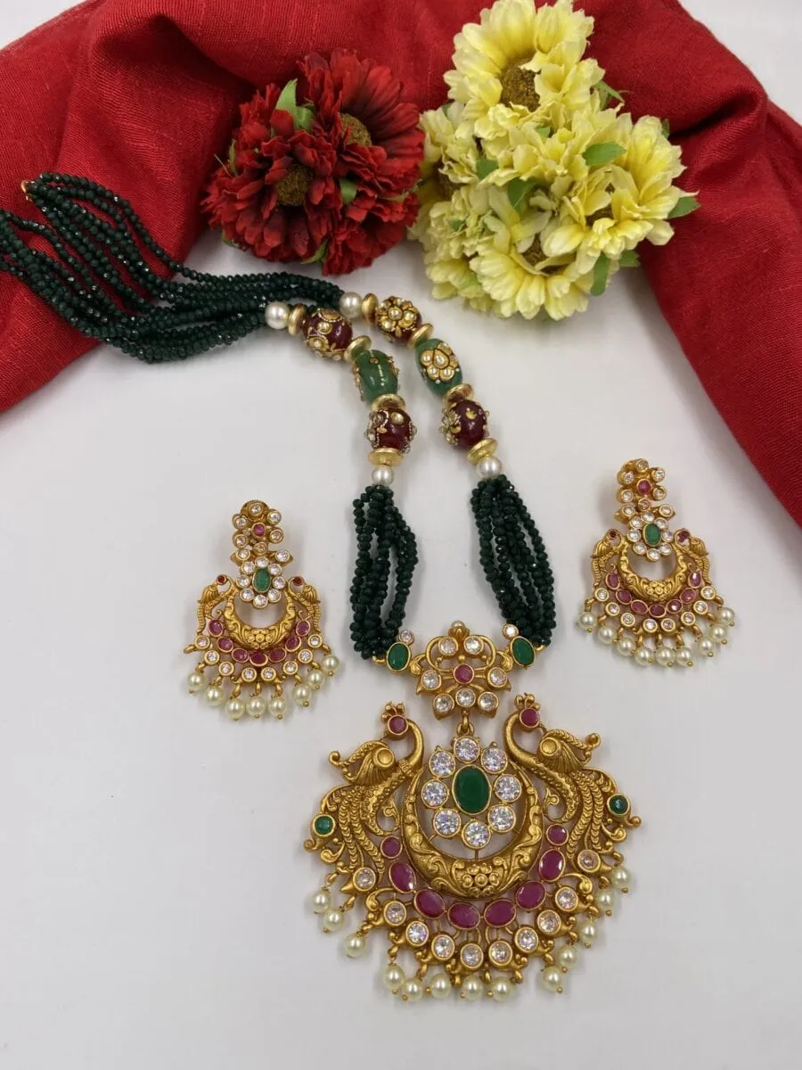 Gold Plated Antique Golden Peacock Pendant Green Necklace Set By Gehna Shop