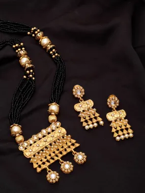 Gold-Plated Black Beads Stone-Studded Handcrafted Mangalsutra Set