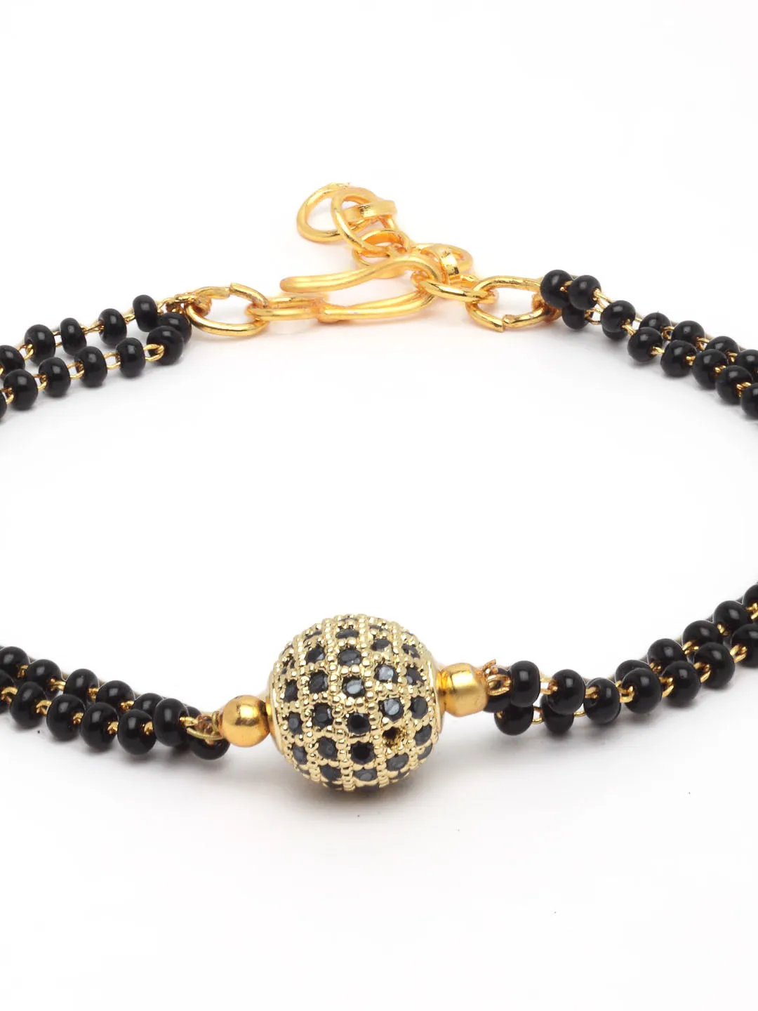 Gold-Plated Black Stone-Studded & Beaded Hand Mangalsutra