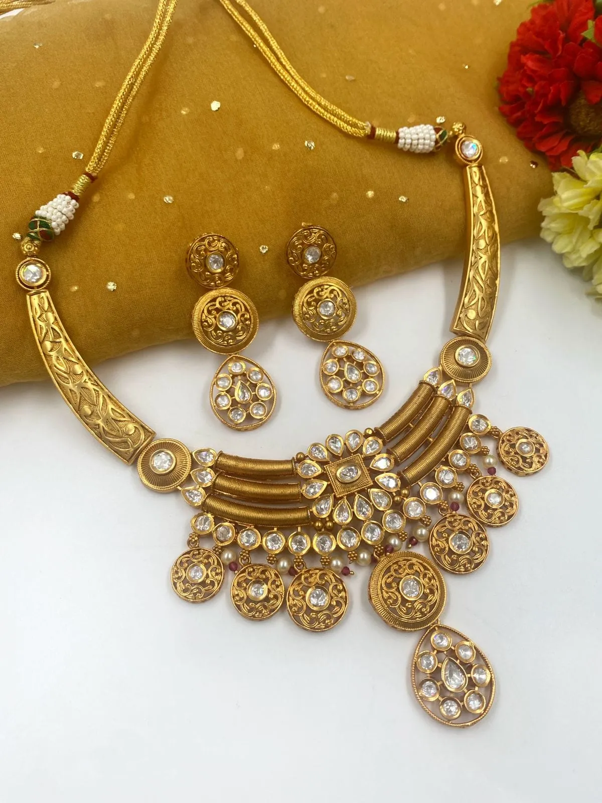 Gold Plated Modern Look Golden Necklace Set For Ladies By Gehna shop