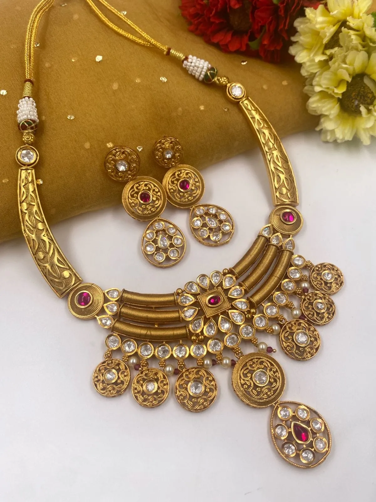 Gold Plated Modern Look Golden Necklace Set For Ladies By Gehna shop