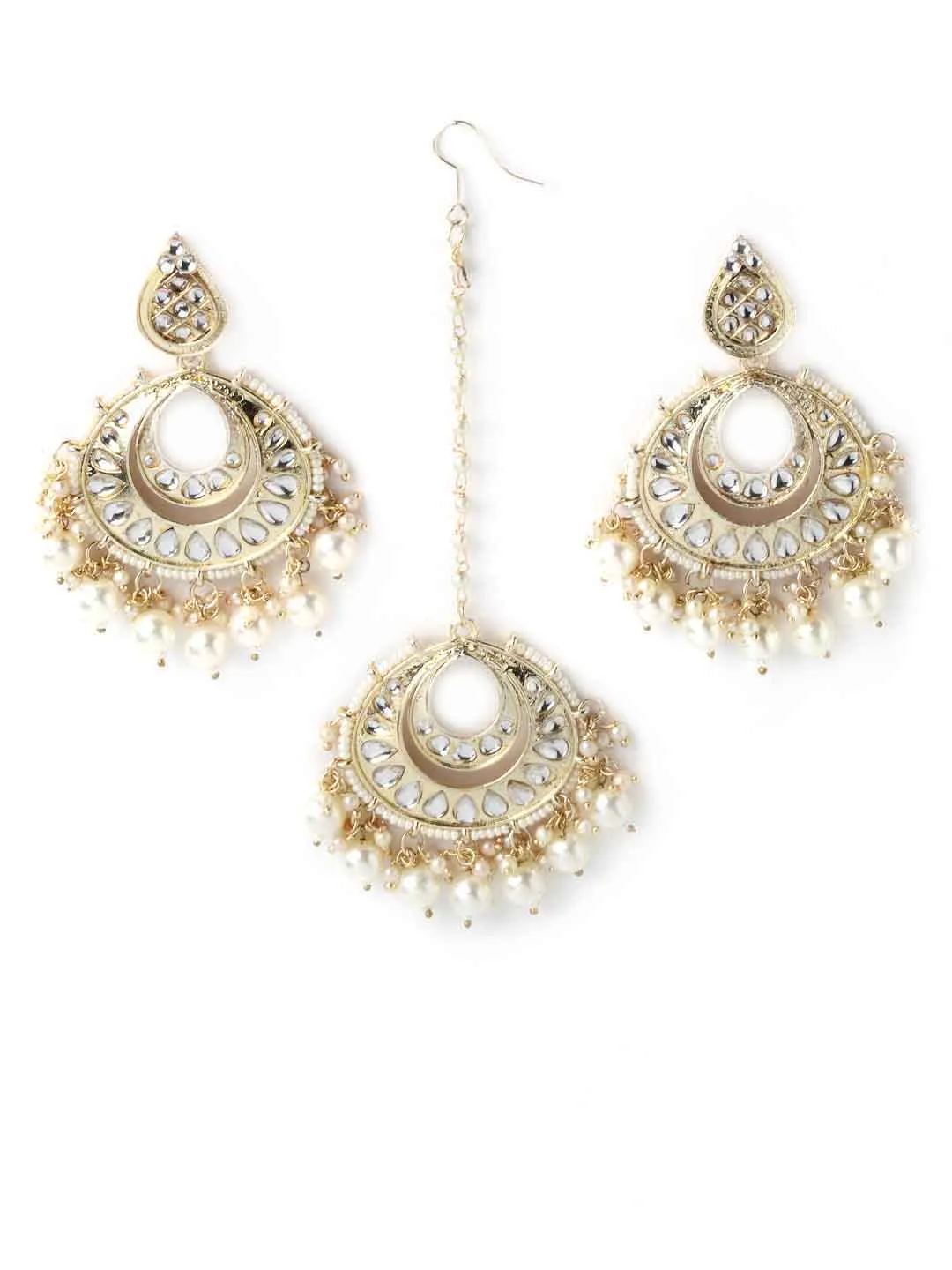 Gold-Plated White Kundan Stone Studded Handcrafted Jewellery Set