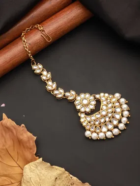 Gold-Plated White Kundan-Studded & Pearl Beaded Handcrafted Maang Tikka