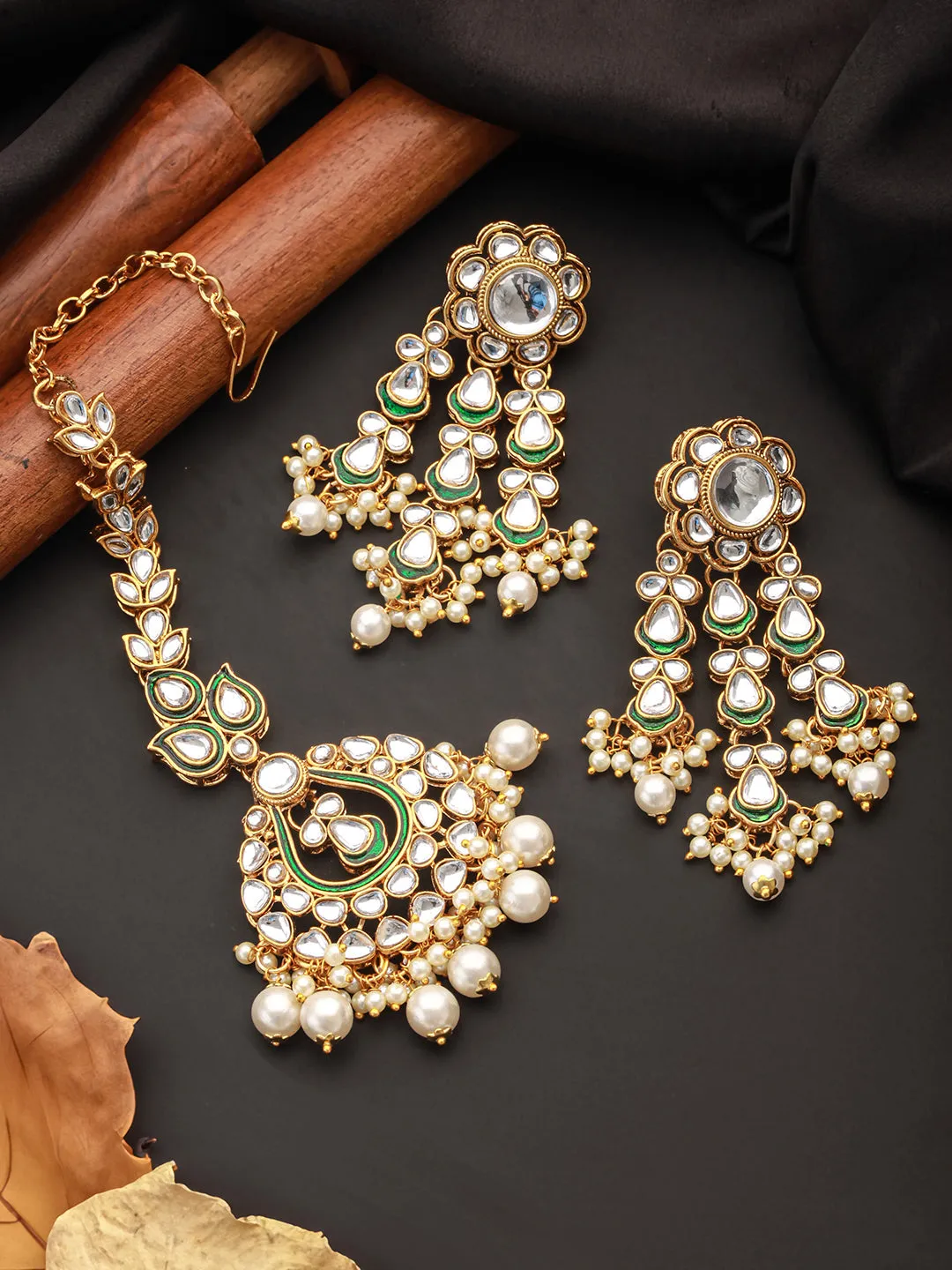 Gold-Toned & Kundan & Pearl Studded Green Enameled Maang-Tikka With Earring Set