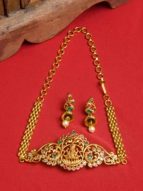 Green & Pink Stone Gold-Plated Kundan Studded Temple Jewellery Set