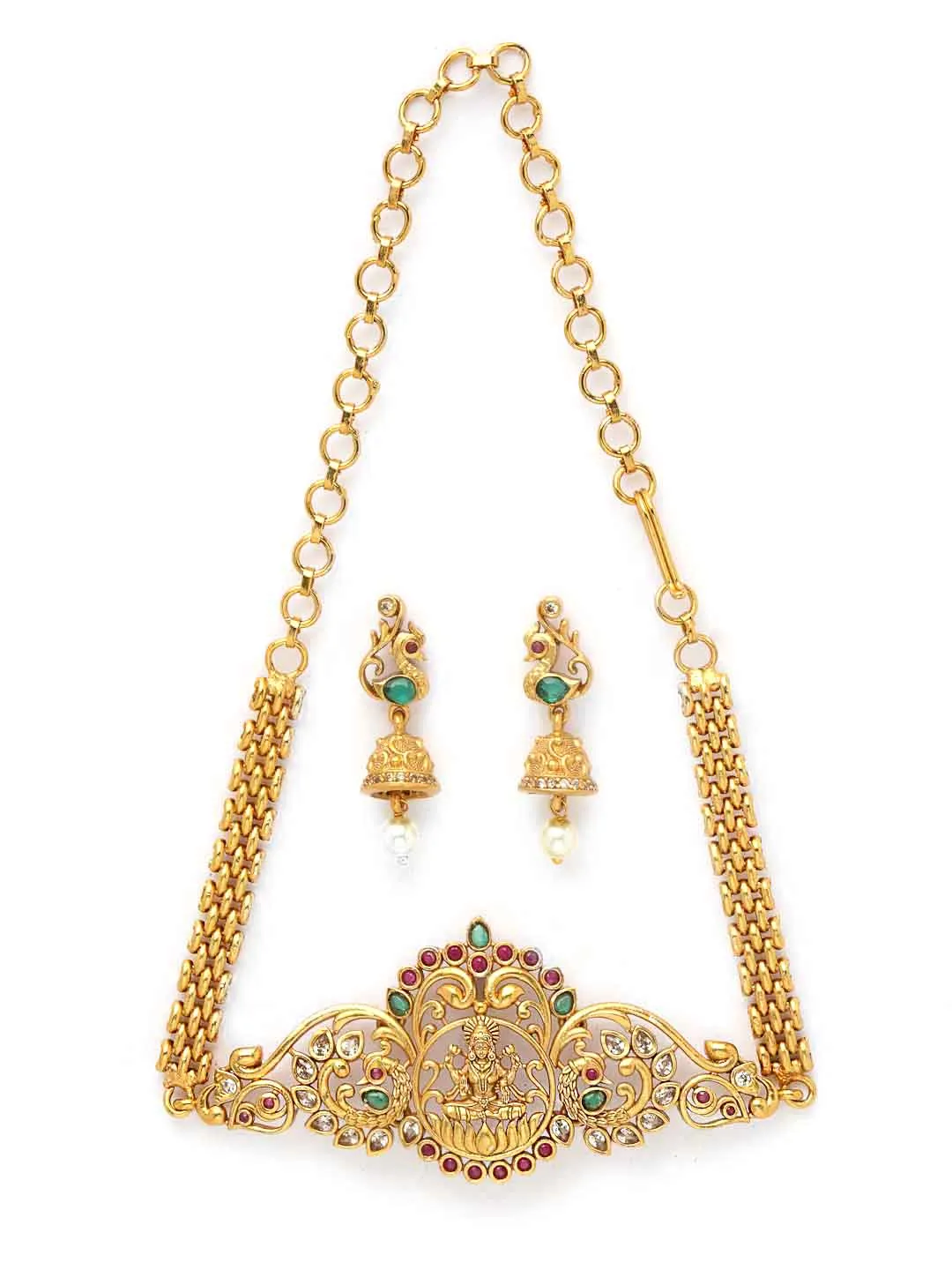 Green & Pink Stone Gold-Plated Kundan Studded Temple Jewellery Set