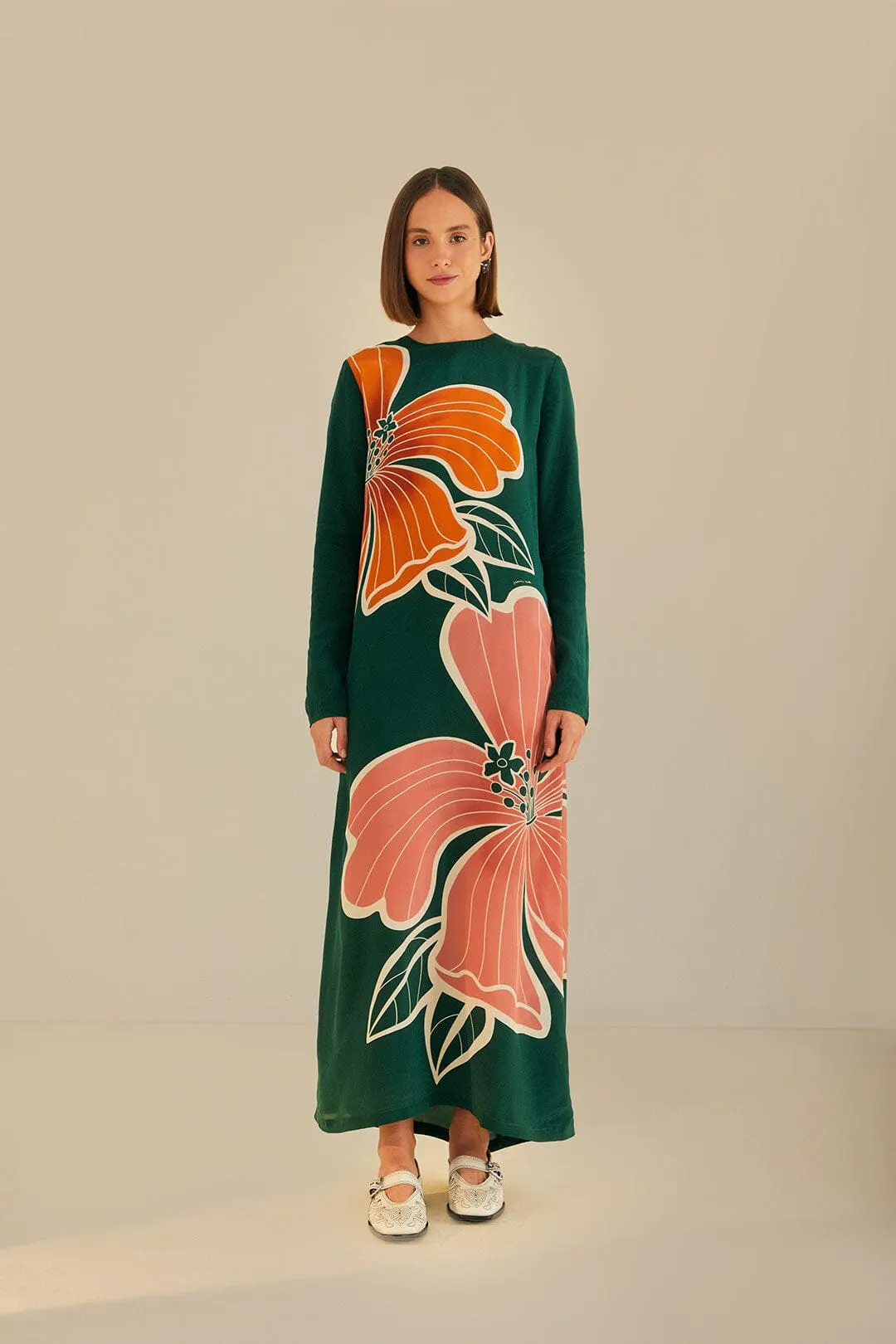 Green Honolulu Flowers Long Sleeve Maxi Dress