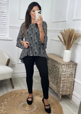 Hayley Black Ditsy Print Curve Hem Blouse