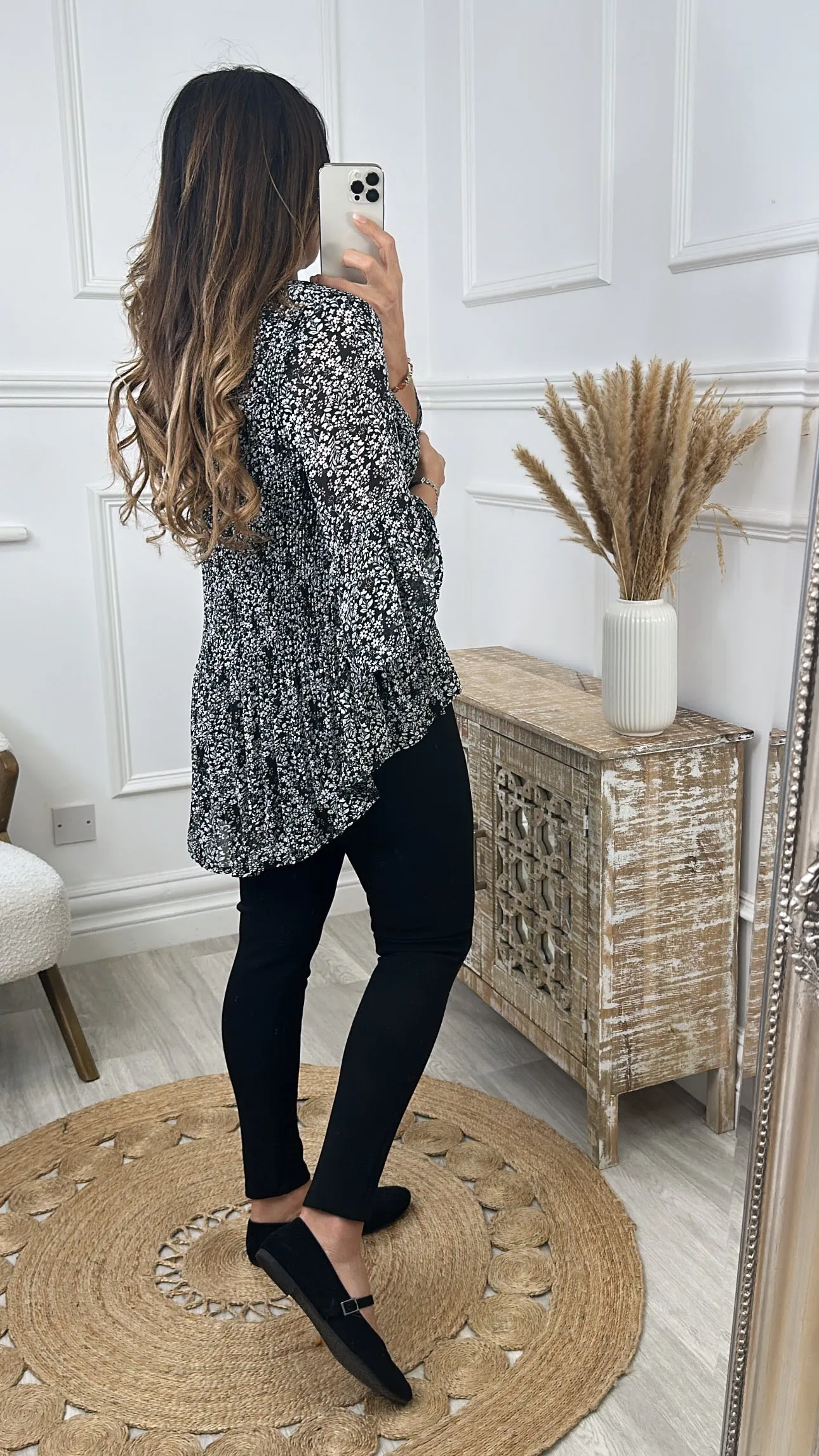 Hayley Black Ditsy Print Curve Hem Blouse