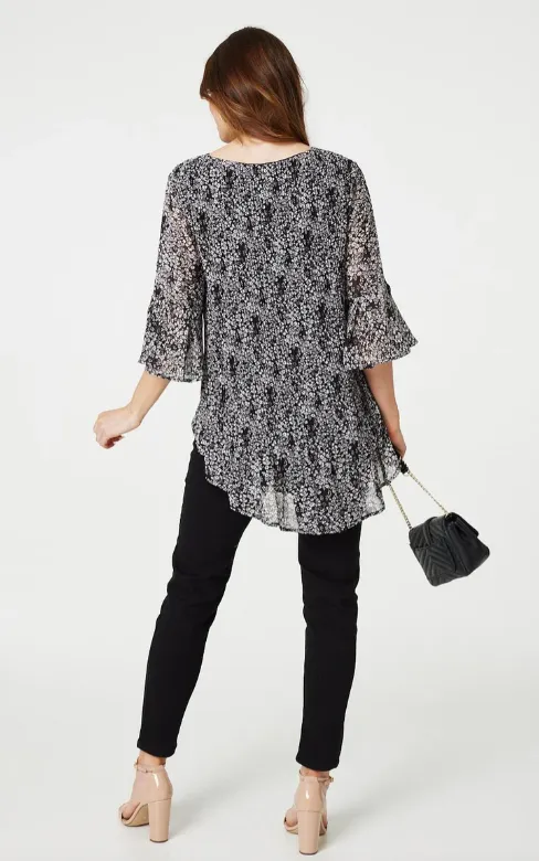 Hayley Black Ditsy Print Curve Hem Blouse