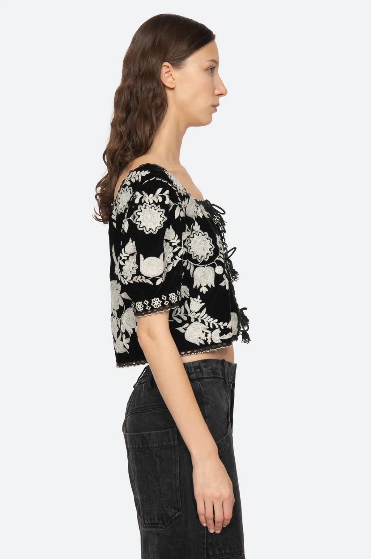 Irene Embroidery Velvet Puff Slv Top