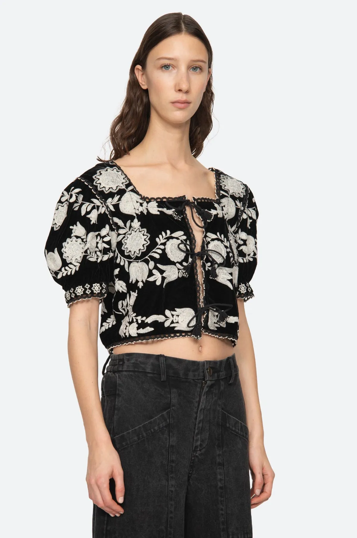 Irene Embroidery Velvet Puff Slv Top