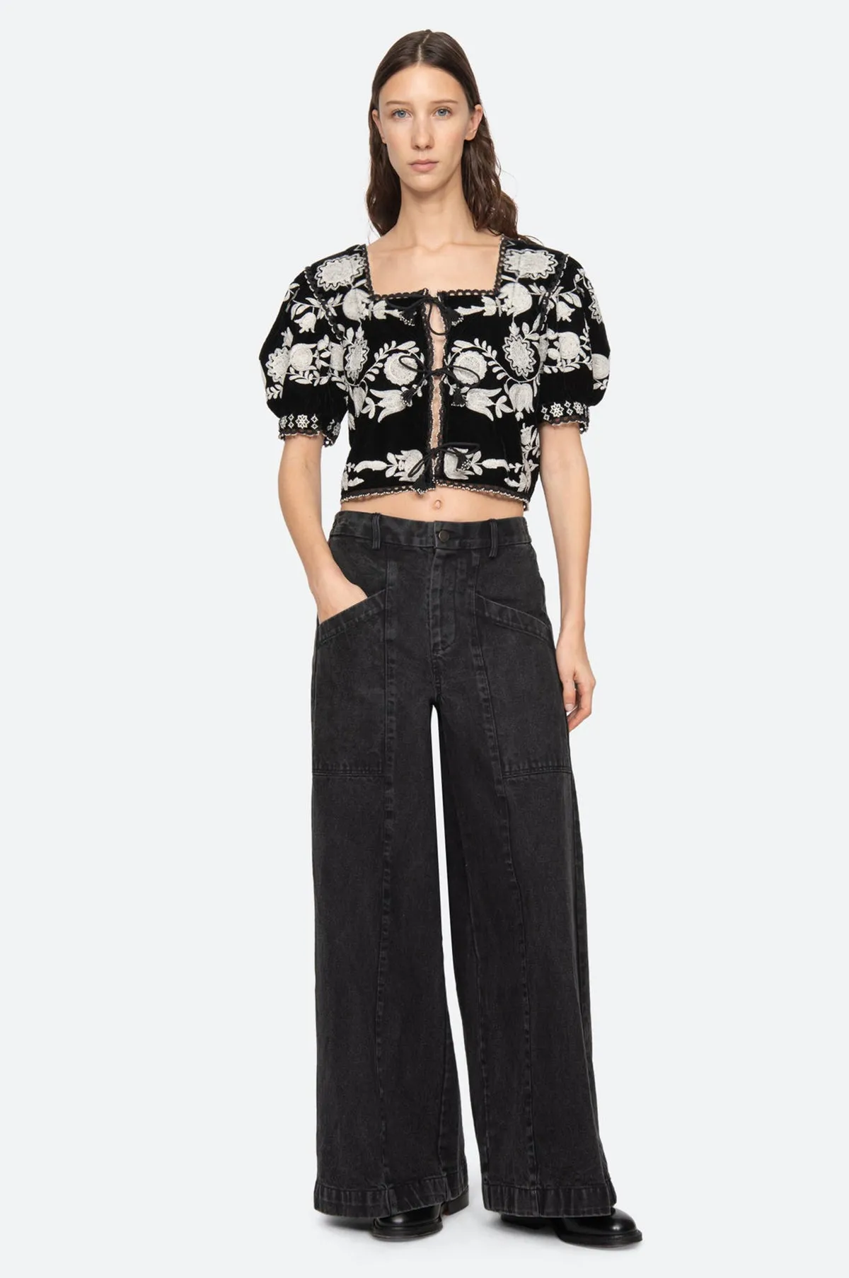 Irene Embroidery Velvet Puff Slv Top