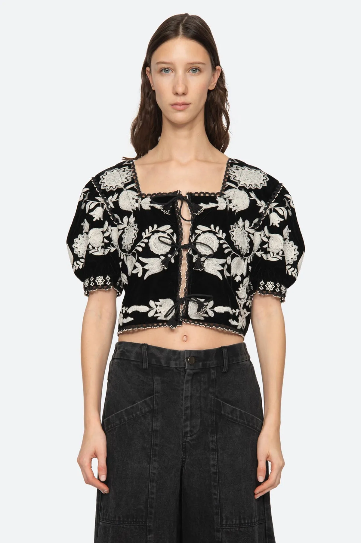 Irene Embroidery Velvet Puff Slv Top